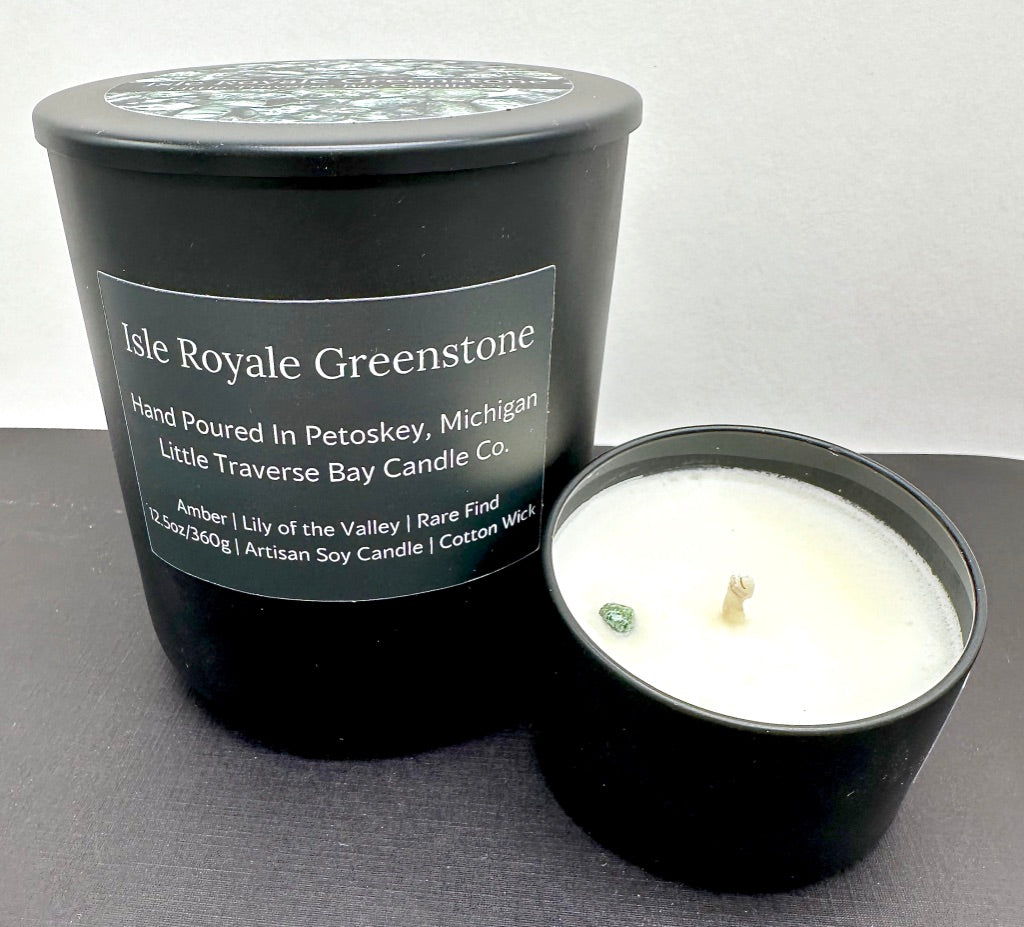 Soy candle, isle royale greenstone included, long burning, locally hand poured