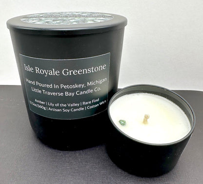 Soy candle, isle royale greenstone included, long burning, locally hand poured