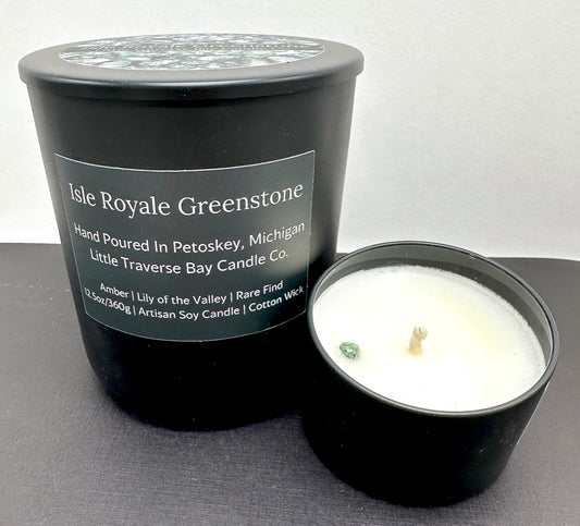 Soy candle, isle royale greenstone included, long burning, locally hand poured