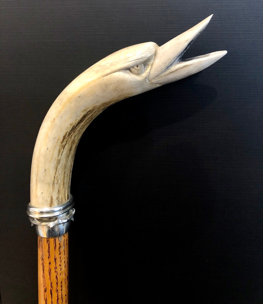 Carved Antler Goose-Head Oak Cane By Wendy Yothers