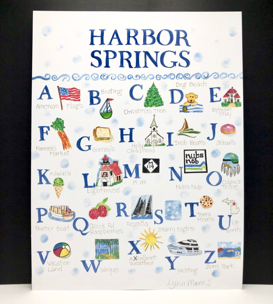Watercolor print, alphabet Harbor Springs favorites, cute gift