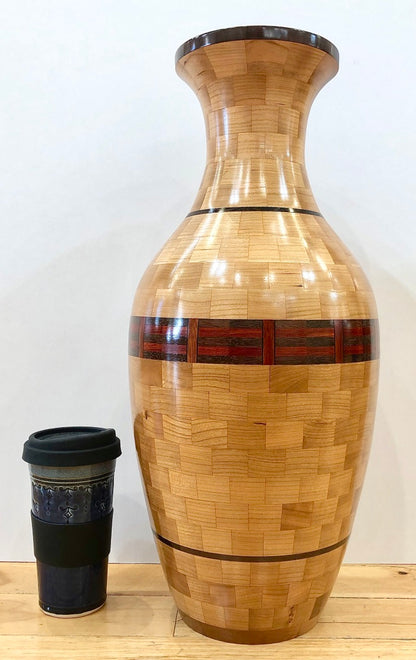 Tall Segmented Cherry Wood Vase With Accents