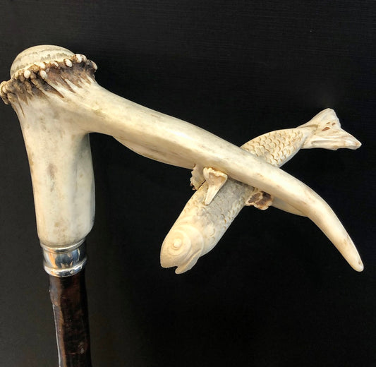Antler handled cane, carved crane and fish, irish blackthorn shaft, collectible work, hanni gallery