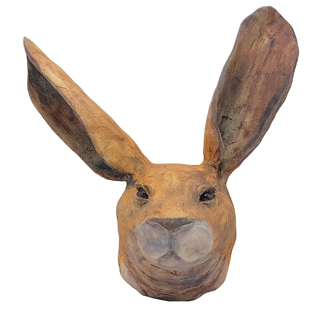 Ceramic hare head, wall mounted, one ear askew, local artist, hanni gallery, harbor springs