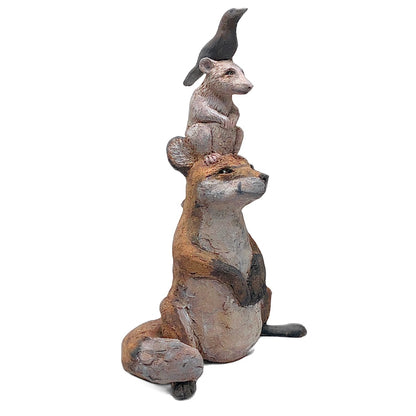 Ceramic Sculpture: Red Fox, Opossum and Crow "This Is the End of the Innocence"