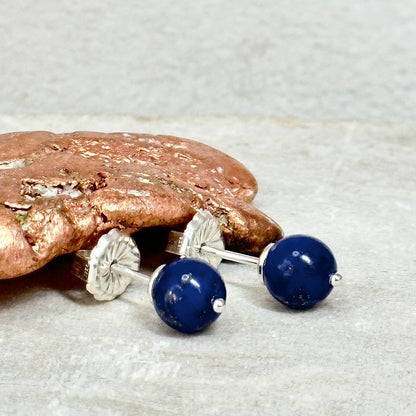 round lapis earring lapis stud jewelry cobalt blue artisan handcrafted sterling silver jewelry