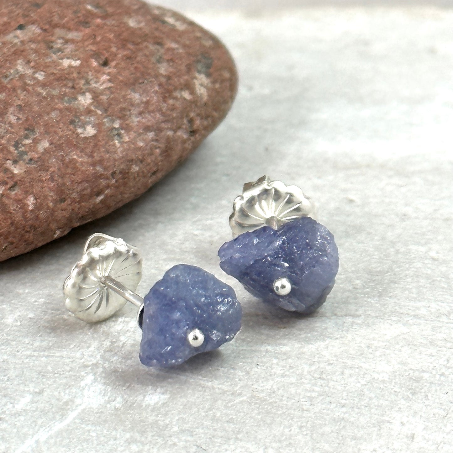 raw tanzanite stud earring tanzanite post earring sterling silver pinned stud artist made jewelry by hanni