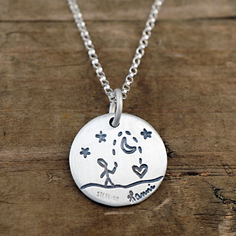 love you to the moon jewelry charm necklace sterling silver disc unique artist made charms by hanni jewelry harbor springs michigan
