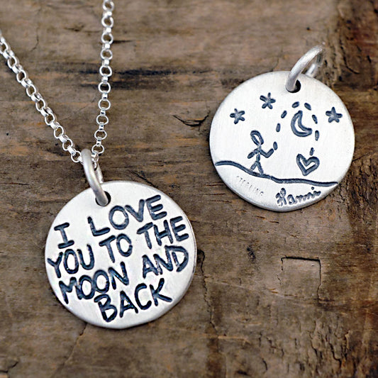 i love you to the moon and back charm necklace sterling silver disc charm artist made unique jewelry by hanni