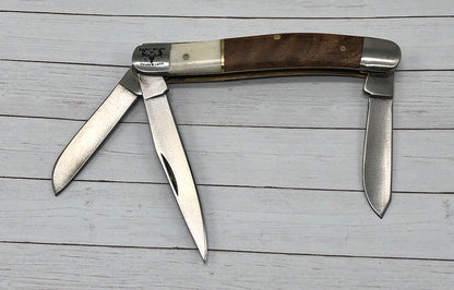 Three blade pocket knife, slim maple burl and antler handle, made in michigan, hanni gallery, harbor springs