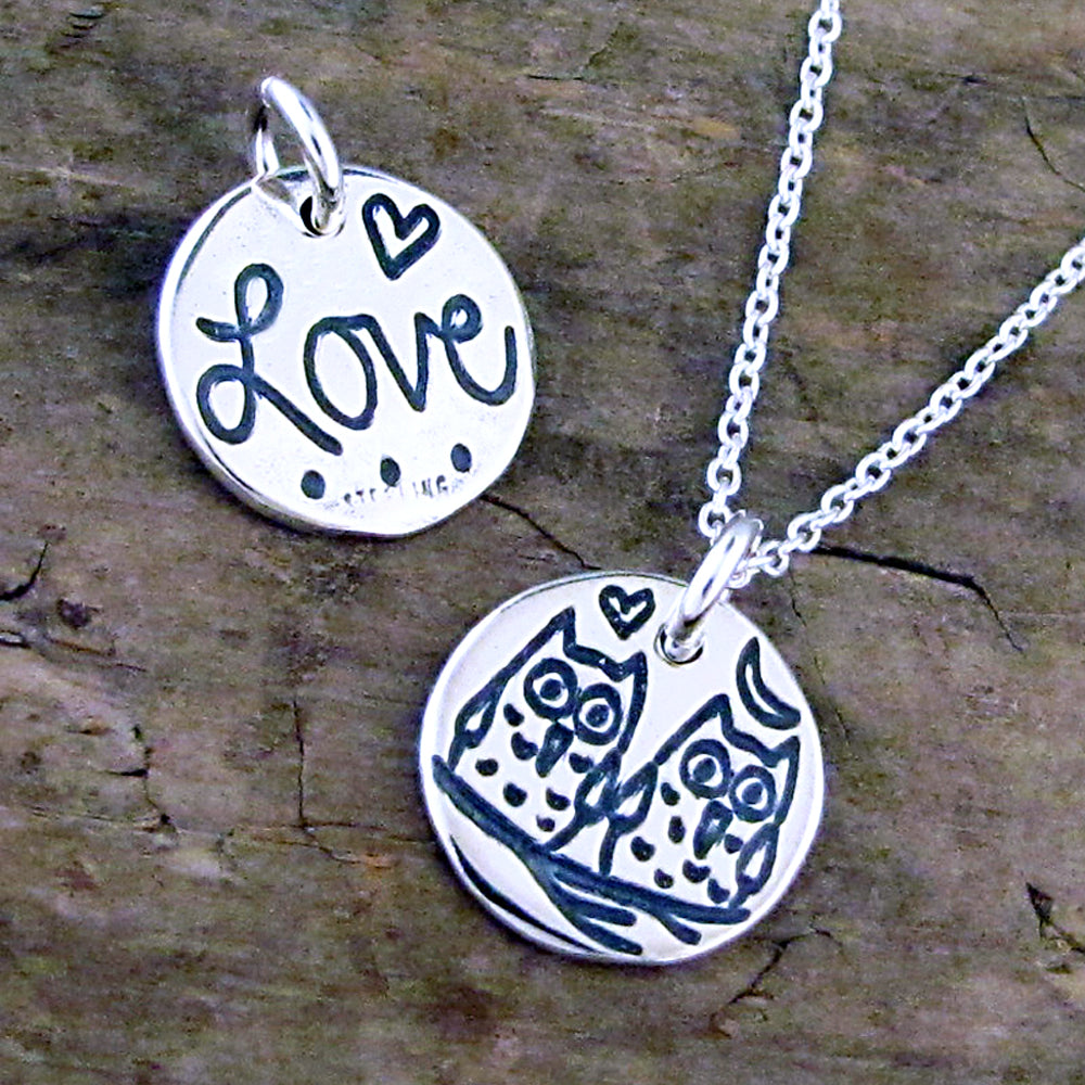 love bird lovebirds owl charm wedding jewelry round disc charm sterling silver unique artist made charms by hanni jewelry northern michigan