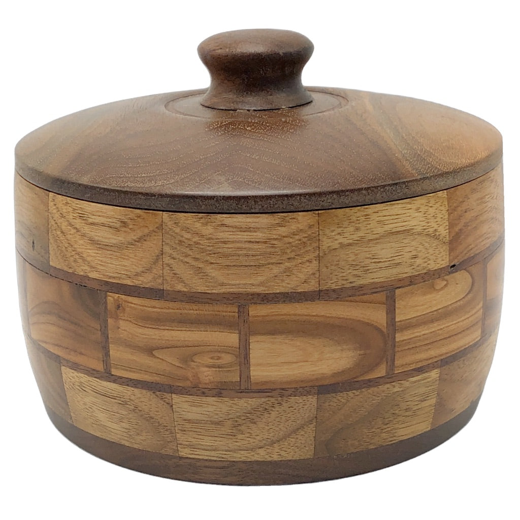 Wooden walnut bowl, lidded wood canister, medium size patterned bowl, made in northern michigan, hanni gallery, harbor springs 