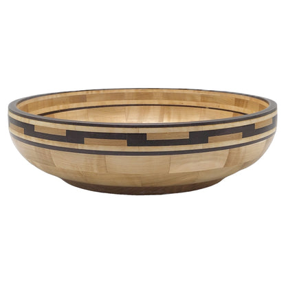Curly maple wood turned fruit bowl, contrasting wenge wood accent pattern, made in northern michigan, hanni gallery, harbor springs