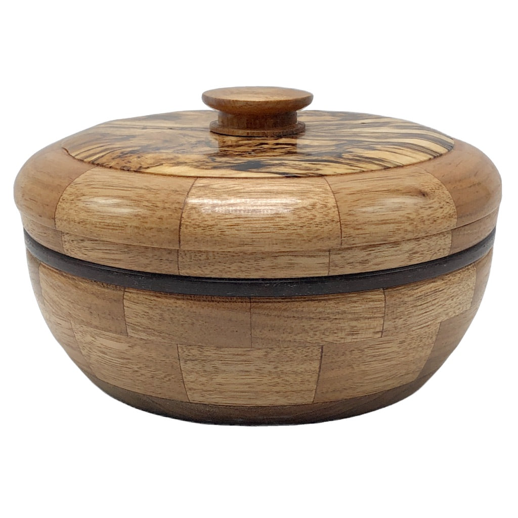 Butternut bowl, spalted birch lid, walnut accent stripes, medium size bowl, made in northern michigan, hanni gallery, harbor springs