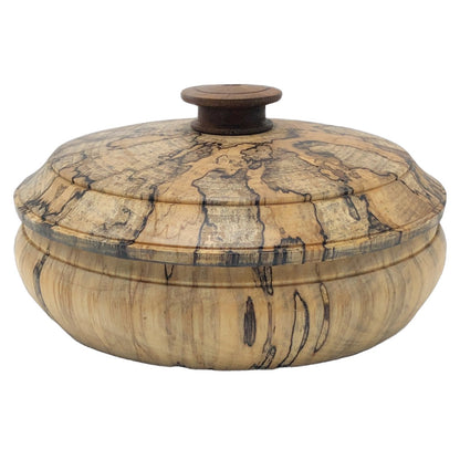 Spalter birch lidded wood bowl, keepsake box, unique pattern turned wood bowl, northern michigan artisan, hanni gallery, harbor springs 