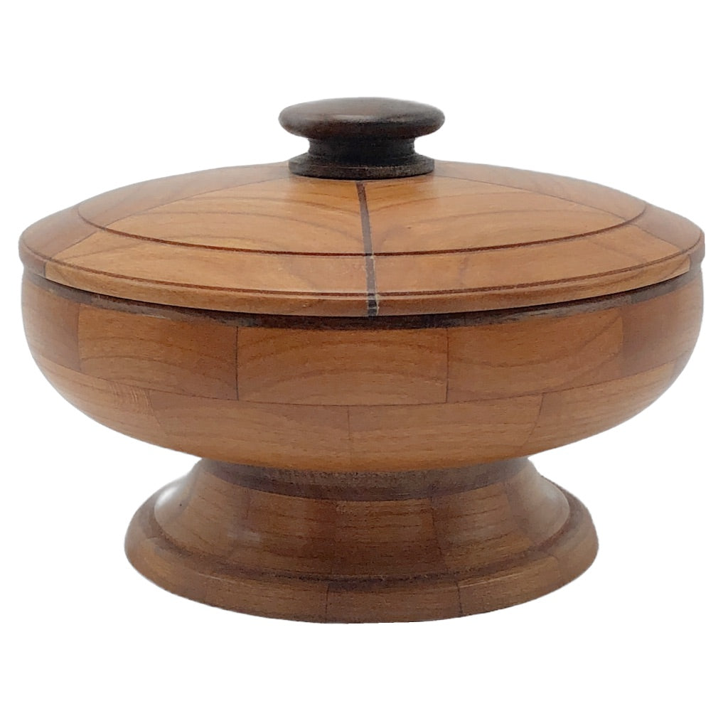 Cherry wood pedestal bowl, local wood box, lidde\d wood turned canister, made in northern michigan, hanni gallery, harbor springs