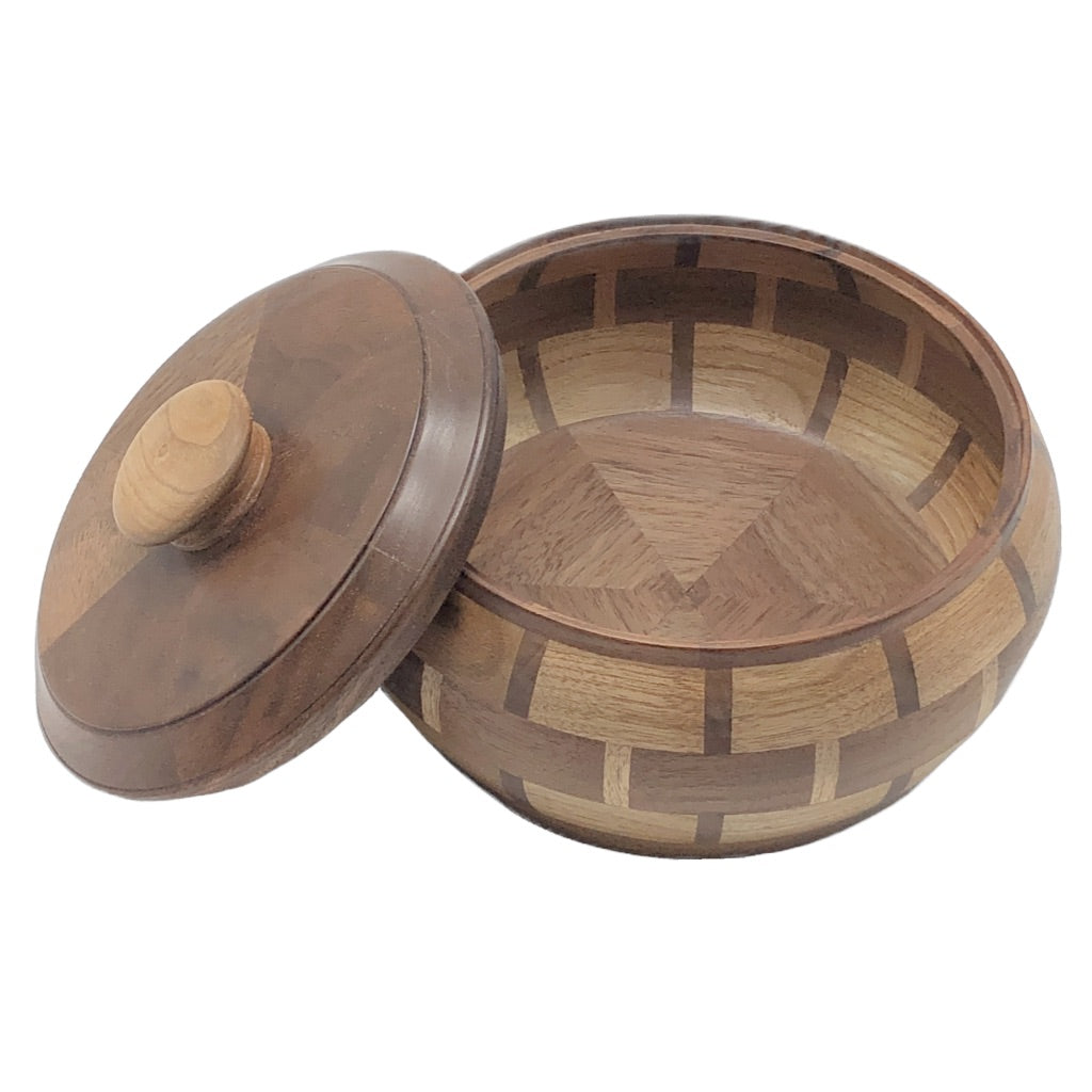Medium Size Walnut and Butternut Patterned Wood Turned Lidded Bowl