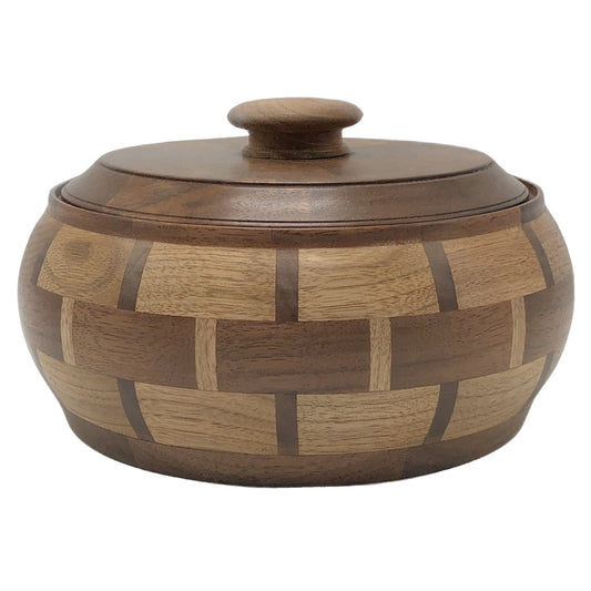 Butternut and walnut patterned lidded wood bowl, medium wood box, keepsake storage, northern michigan artisan, hanni gallery, harbor springs