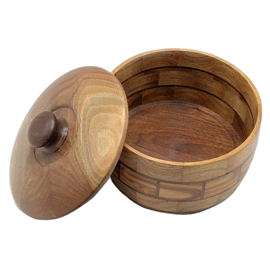Medium Size Patterned Walnut Wood Turned Lidded Bowl