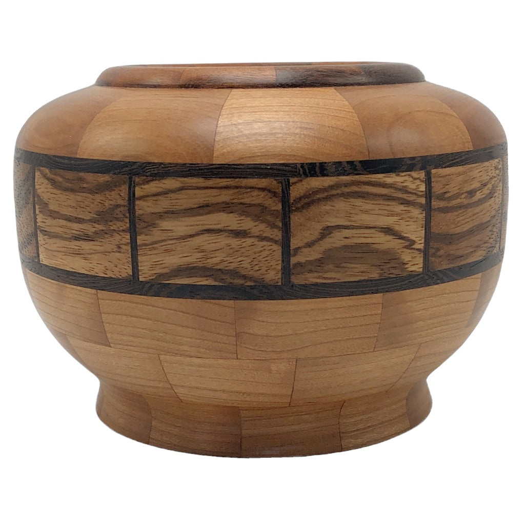 Cherry wood turned vase, accent piece, exotic zebrawood contrast wtripe, made in michigan, hanni gallery, harbor springs