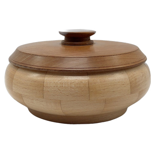 Beech and cherry bowl, lidded wood turned bowl, keepsake bowl, local artisan, hanni gallery, harbor springs