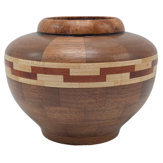 Walnut and. aple wood vase, patterned vase, short vase, dry goods only, northern michigan artisan, hanni gallery, harbor springs