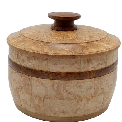 Bird's eye maple lidded wooden box, Wood bowl, segmented wood turned, northern michigan artisan, hanni gallery, harbor springs