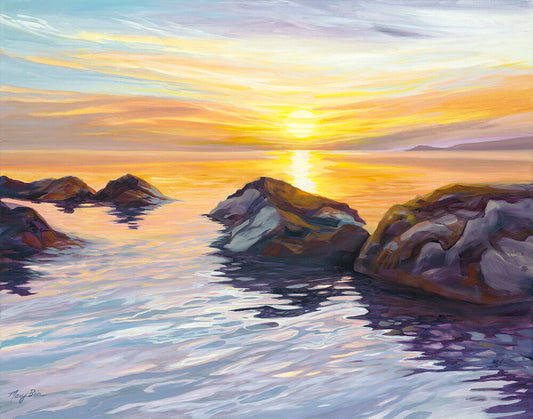 Golden sunset over the lake, ripples on water's surface, shoreline boulders, northern michigan artist, hanni gallery,  harbor springs