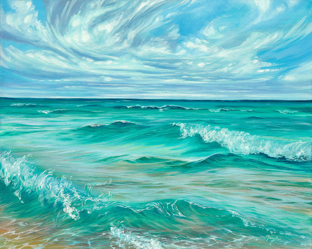 Whitecaps, breaking waves, swirling wispy clouds, lake michigan, local artist, hanni gallery, harbor springs