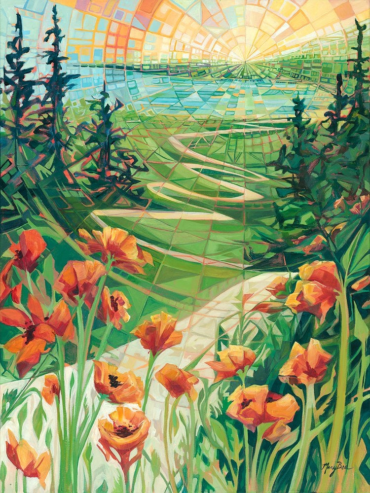 Poppies, pathway to the lake, sunshine, geometric painting, northern michigan artist, hanni gallery, harbor springs