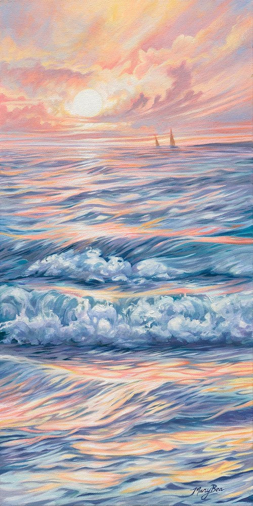 Sunset, breaking waves, pink and gold reflecting on water, northern michigan artist, hanni gallery, harbor springs