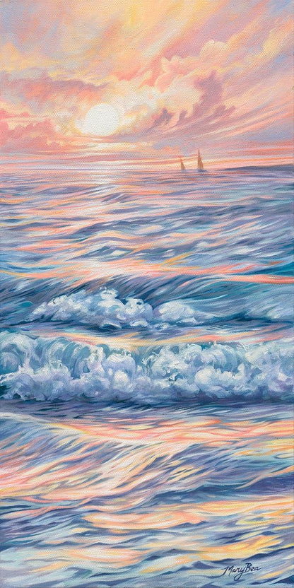 Sunset, breaking waves, pink and gold reflecting on water, northern michigan artist, hanni gallery, harbor springs