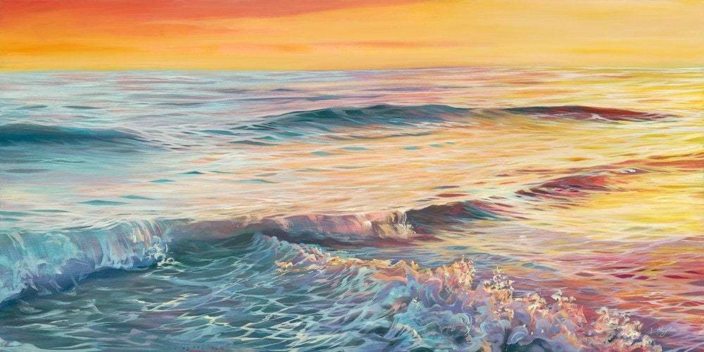 Golden sunset, waves breaking, lake michigan, golden hour, local artist, hanni gallery, harbor springs