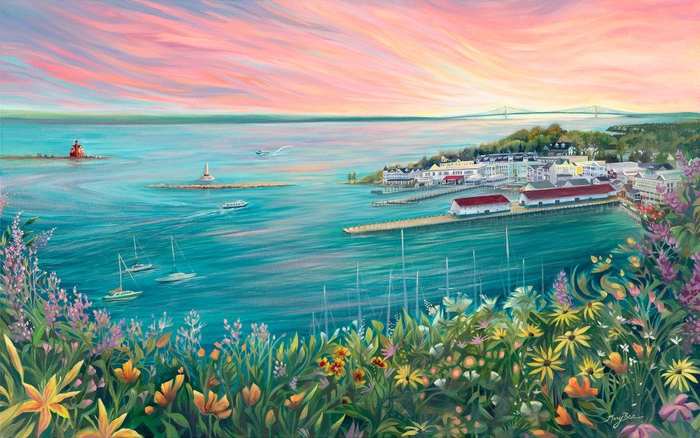 Mackinac island, bluff view, ferry docks, mackinac bridge, northern michigan artist, hanni gallery, harbor springs