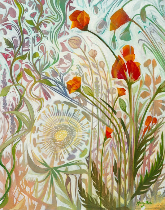 Abstract print, flower garden, poppies and vines, northern michigan artist, hanni gallery, harbor springs