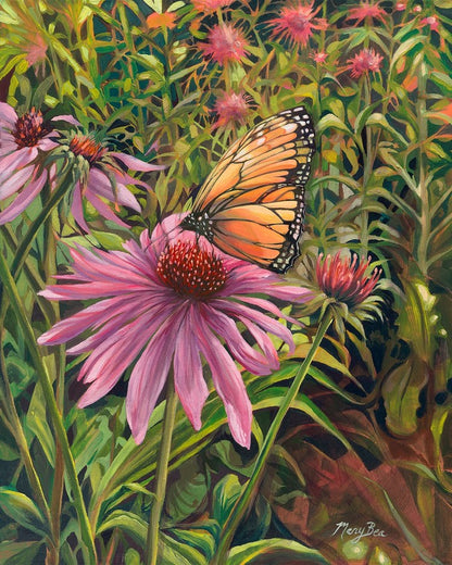 Mariposa print on paper, monarch butterfly, coneflower, echinachea, northern michigan artist, hanni gallery, harbor springs