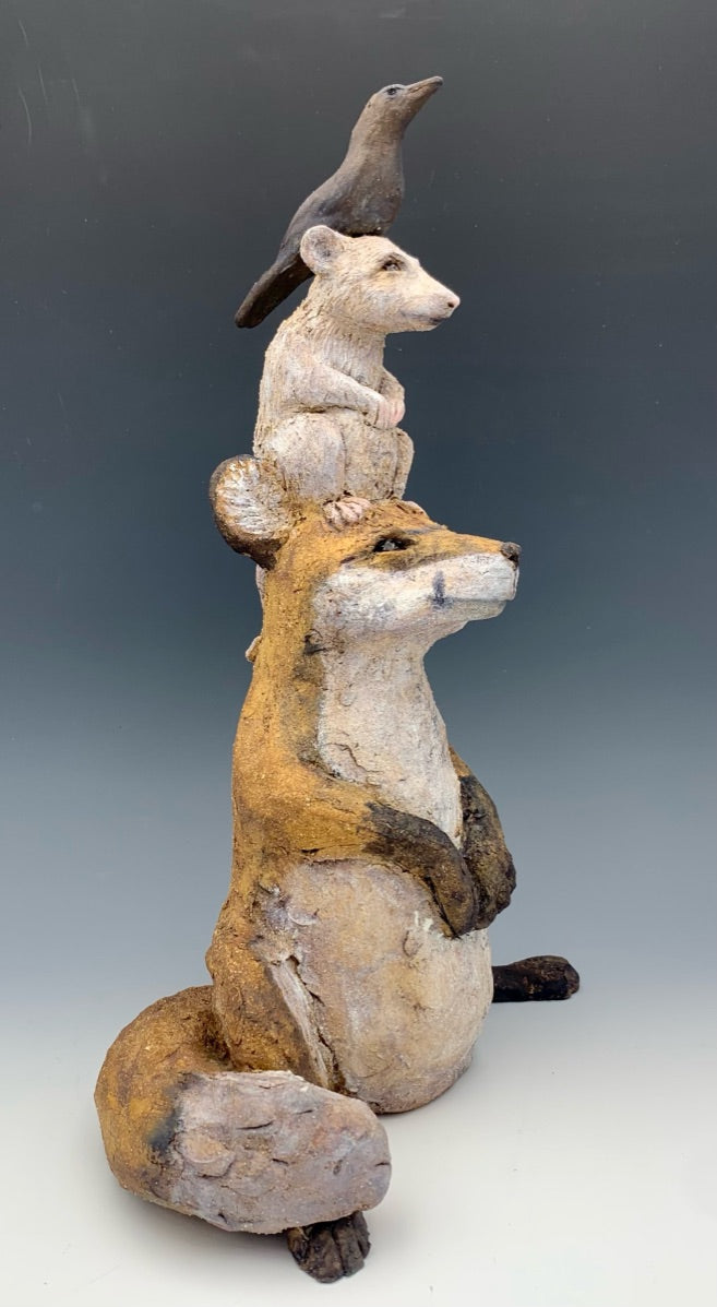 Ceramic fox, possum and crow, unlikely friends, This is the end of the innocence, northern michigan artist, hanni gallery