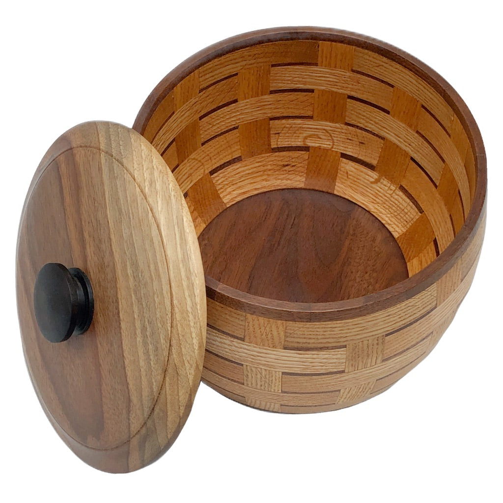 White oak wood basket, lidded oak canister, walnut lidded segmented wood turned box, made in northern michigan, hanni gallery, harbor springs 