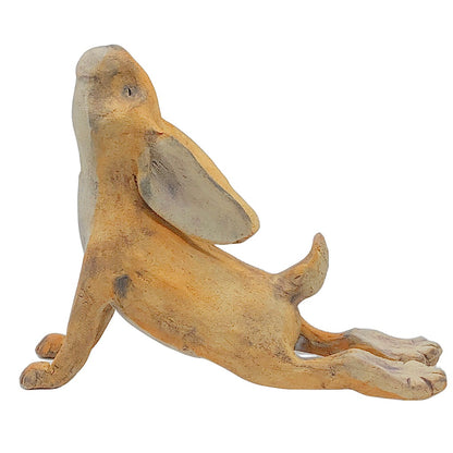 Ceramic bunny, yoga bunny in upward dog pose, handmade by local artist, hanni gallery, harbor springs