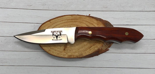 Fixed blade knife, cocobolo wood handle, 3 1/2 inch d-2 steel blade, made in michigan, hanni gallery, harbor springs