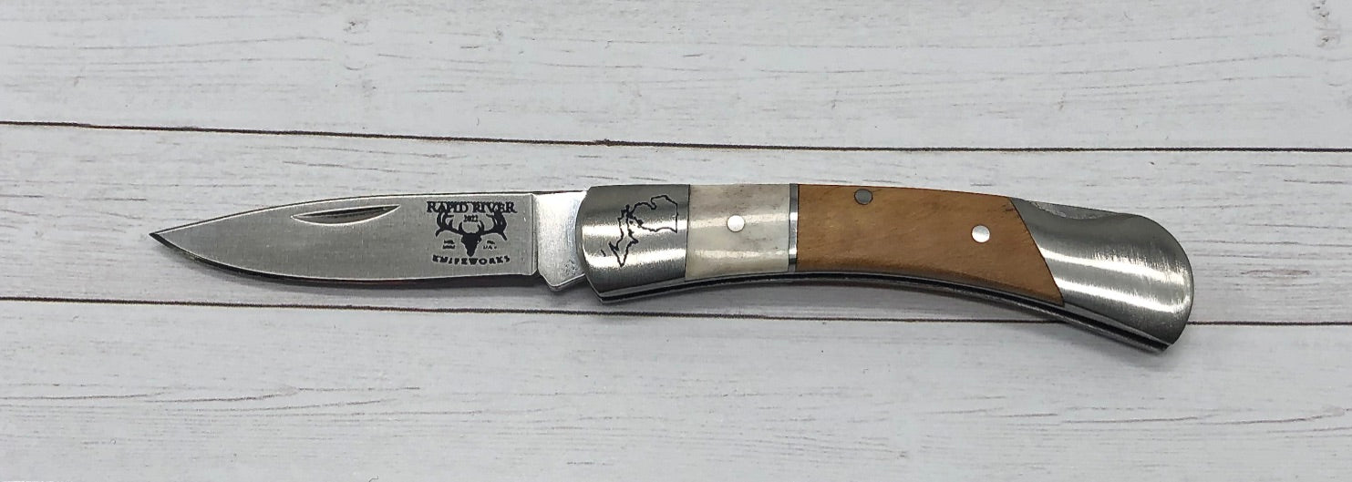 folding pocket knife, lock back, 2" blade, maple and antler handle, hanni gallery, harbor springs