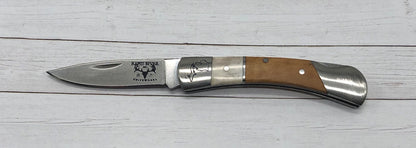 folding pocket knife, lock back, 2" blade, maple and antler handle, hanni gallery, harbor springs