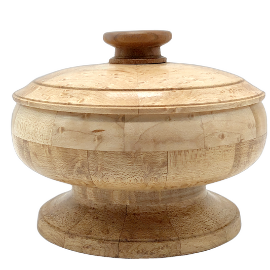 Lidded pedestal bowl, small bird's eye maple box, catch-all, segmented wood turned in northern michigan, hanni gallery, harbor springs
