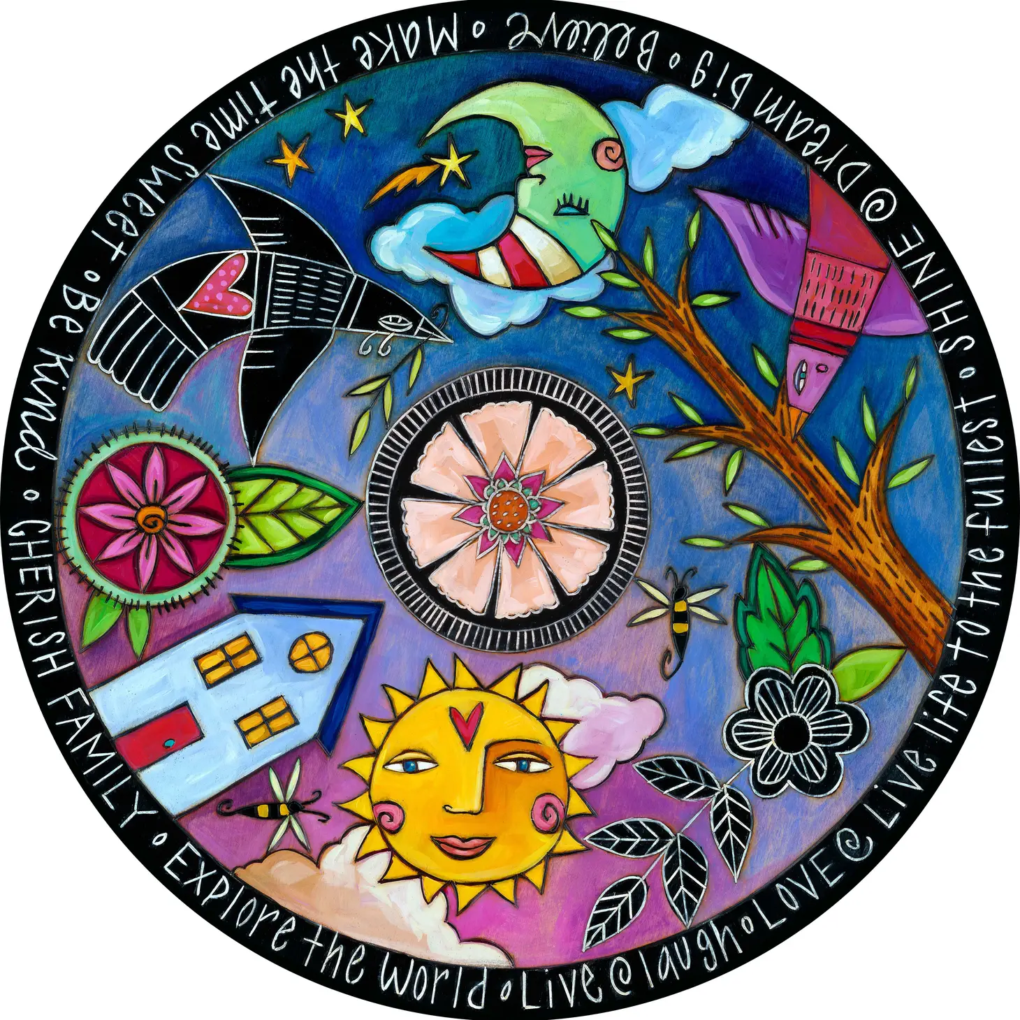dream in color lazy susan sincerely sticks handmade art for kitchen and table printed from original artwork, 18 inches in black with purples and blues words live life to the fullest, shine, live, explore the world and more around the edge at Hanni gallery 