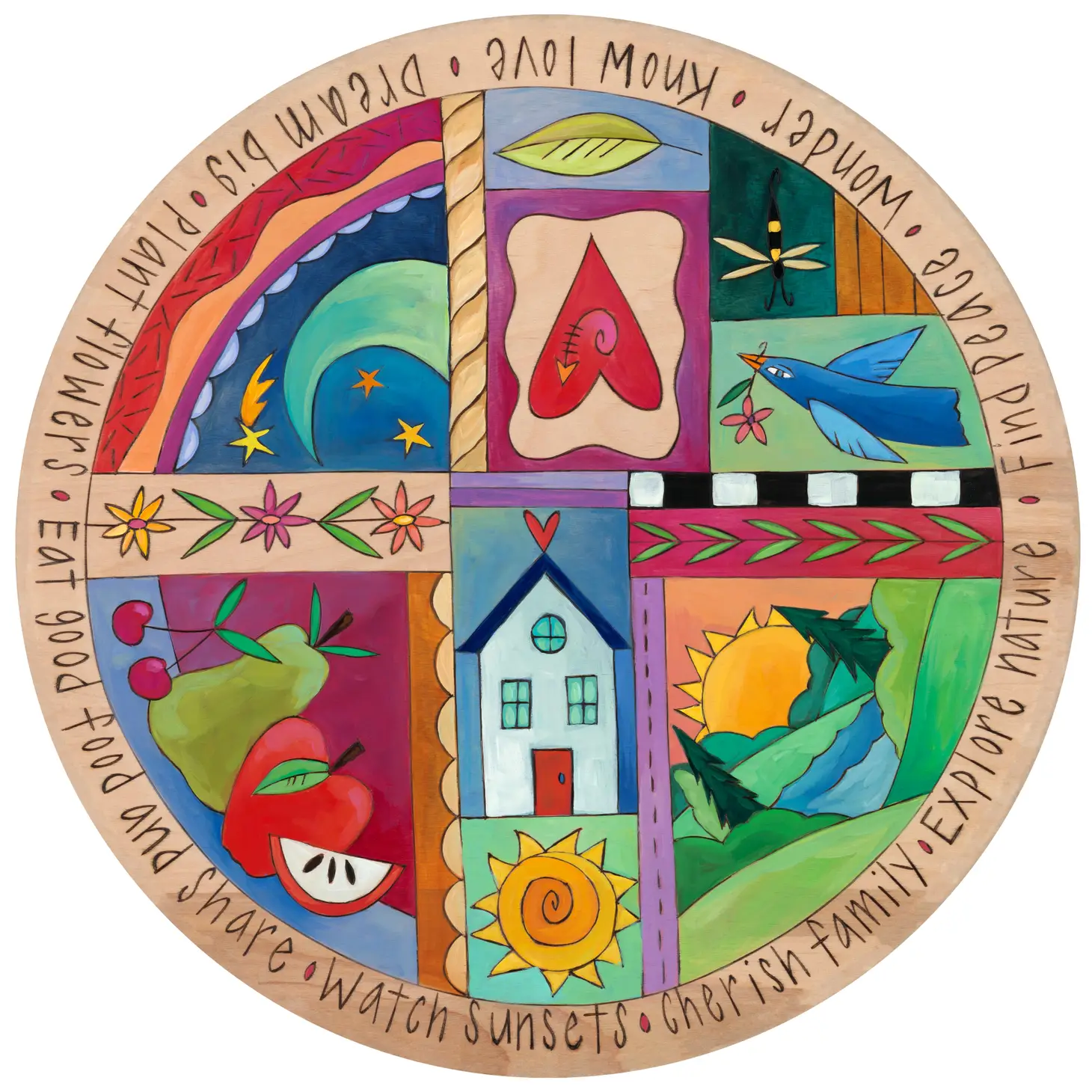 sincerely sticks lazy susan oh so sweet 18 inch art for the kitchen and table with sun, house, fruit, blue bird and words watch sunsets, cherish family, eat good food around the edge