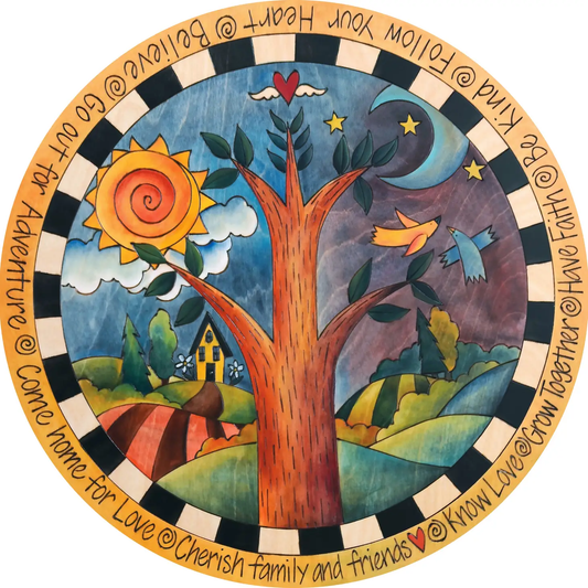 dancing birds lazy susan sincerely sticks, Hanni gallery, harbor springs, michigan 18 inches with words around the edge come home for love, go out for adventure and more handmade art for the home