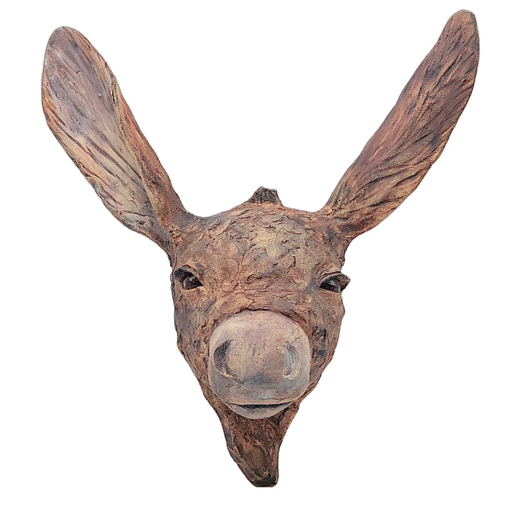Ceramic donkey head, layla the donkey, expressive eyes, wall mounted, northern michigan artist, hanni gallery, harbor springs